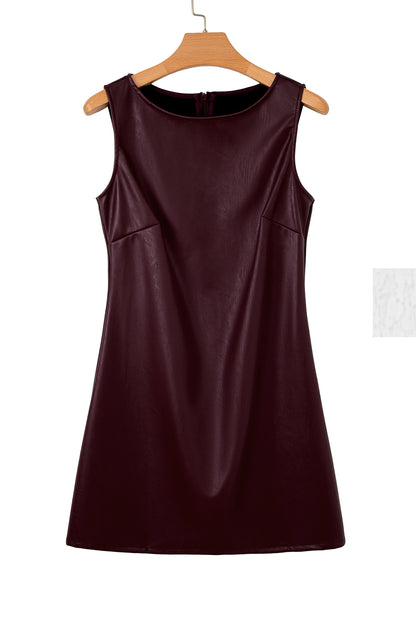 Coffee Vegan Leather Sleeveless Mini Dress