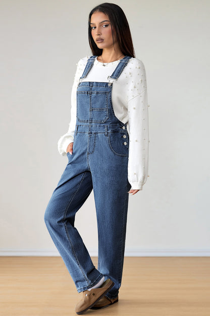 Dark Blue Retro Bib Pocket Buckle Straps Casual Denim Jumpsuit