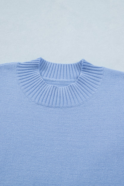 Beau Blue Solid Color Ribbed Trim Round Neck Ruffle Short Sleeve Sweater