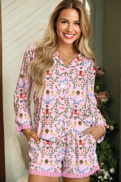Pink Christmas Holiday Print Nutcracker Long Sleeve Shorts 2pcs Pajama Set