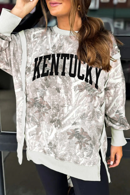 Gray KENTUCKY Raw Seam Detail Leafy Camouflage Baggy Sweatshirt