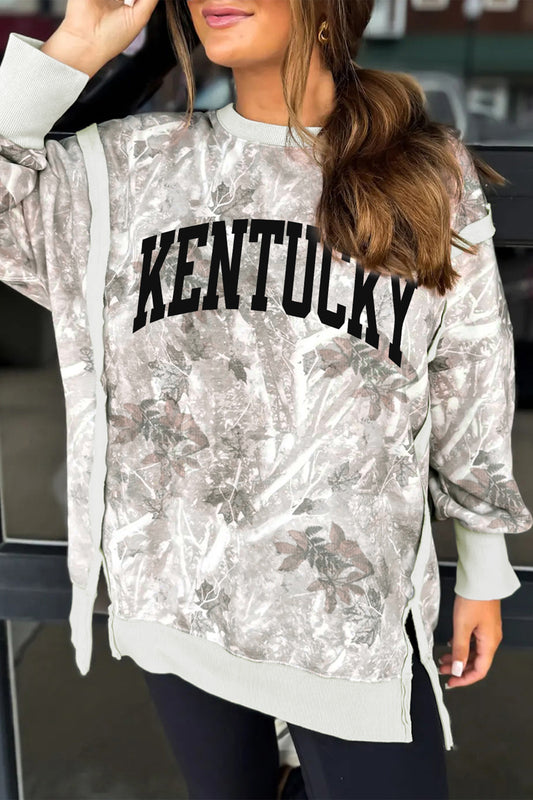 Gray KENTUCKY Raw Seam Detail Leafy Camouflage Baggy Sweatshirt