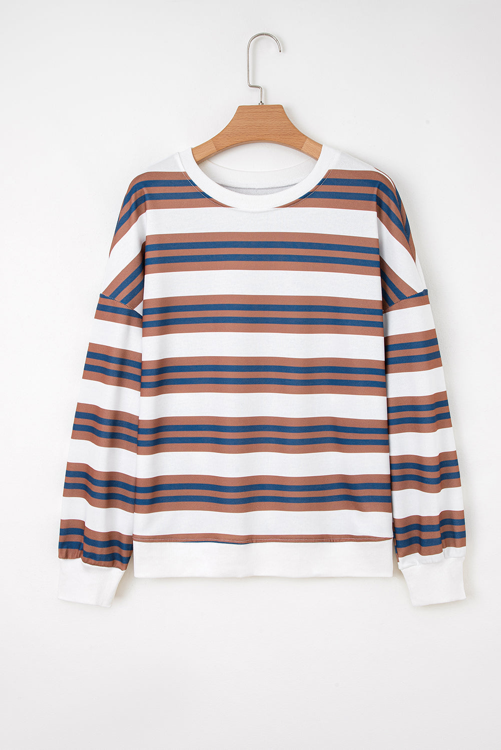Khaki Stripe Crew Neck Drop Shoulder Pullover Sweatshirt
