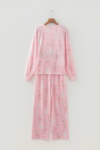 Pink Christmas Tree Nutcracker Print 2pcs Lounge Pant Set