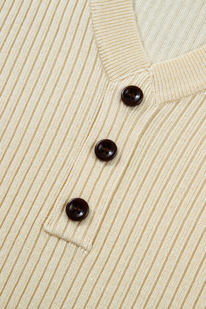 Apricot V Neck Ribbed Knit Striped Trim Short Sleeve Sweater