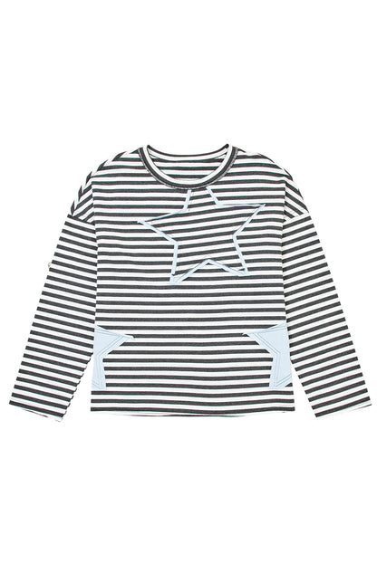 Gray Stripe Starry Patch Drop Shoulder Raw Edge Casual Knit Top