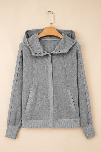 Gray Waffle Splicing Zip Up Front Button Hooded Jacket
