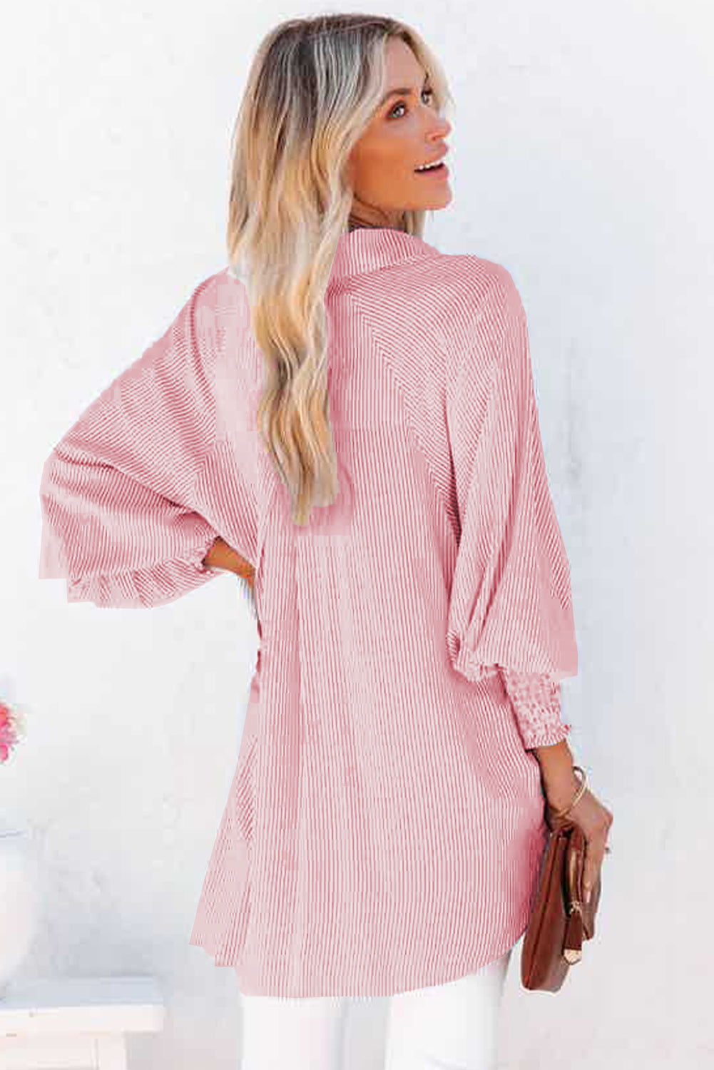 Sky Blue Smocked Cuffed Striped Boyfriend Shirt with Pocket