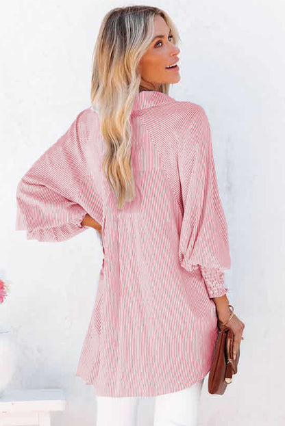 Sky Blue Smocked Cuffed Striped Boyfriend Shirt with Pocket