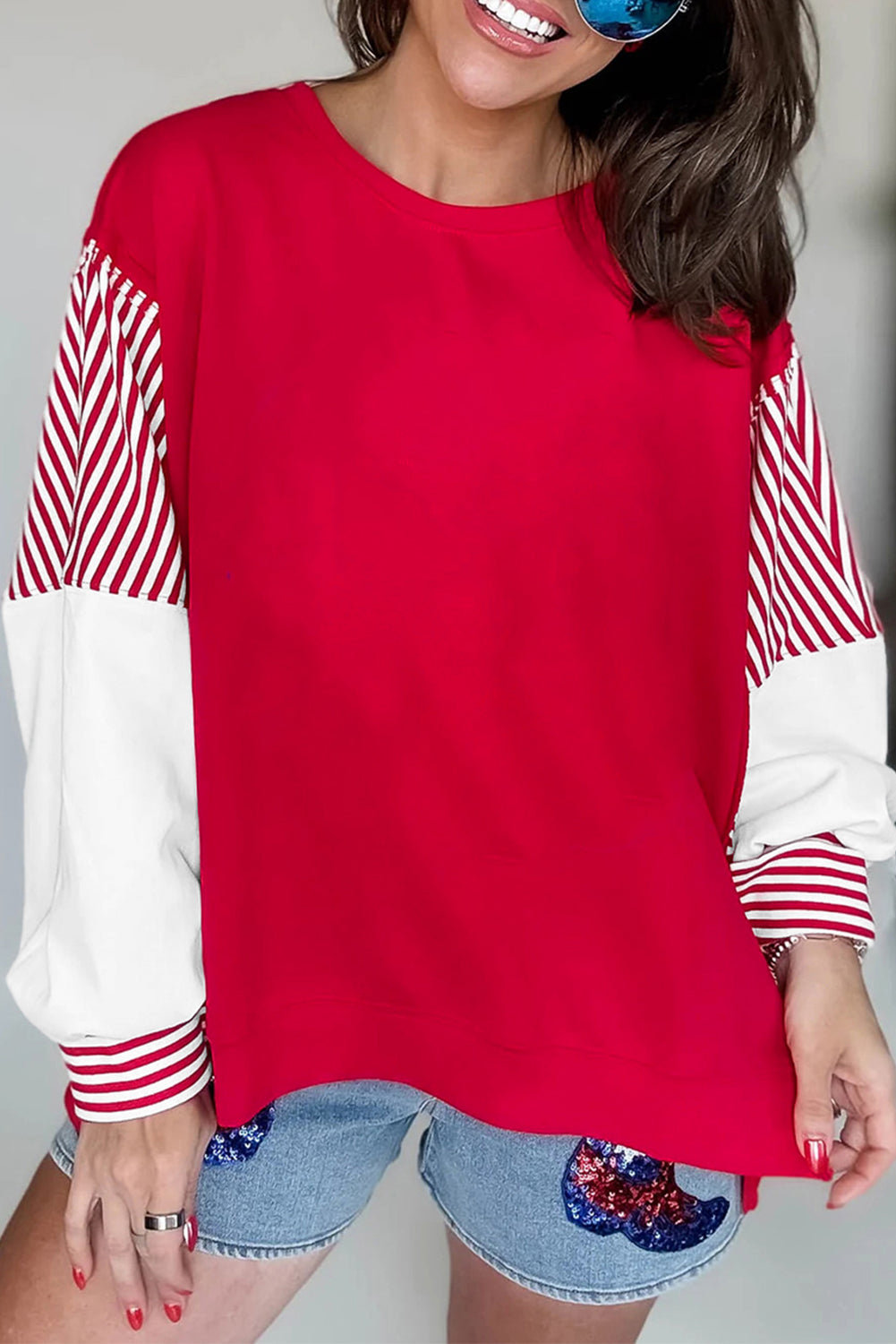 Dark Blue Striped Patchwork Sleeve Colorblock Sweatshirt