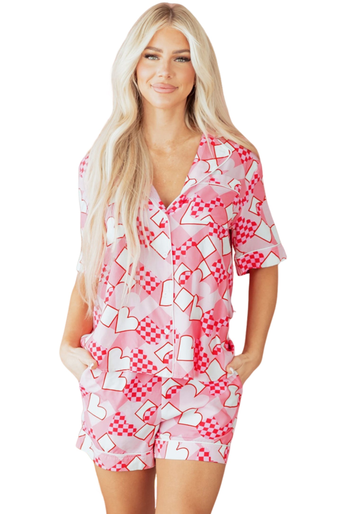 Pink Heart Print Shirt Style Silky Short Pajama Set