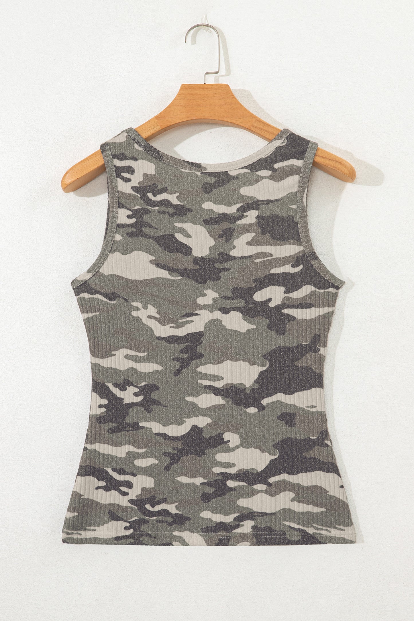 Green Camouflage Print Ribbed Knit Round Neck Tank Top