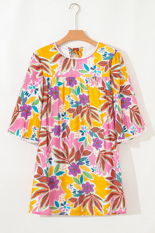 Pink Floral Print Lace Trimmed Tie Back Bell Sleeve Swing Mini Dress