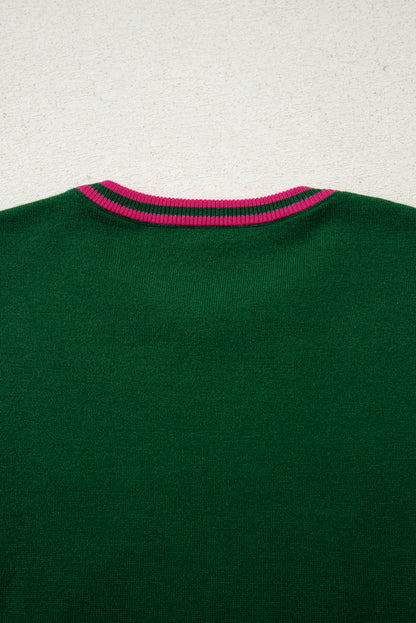 Blackish Green Floral Patchwork Shirred Cuff Puff Sleeve Sweater