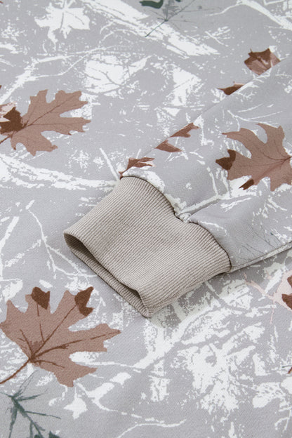 Gray Maple Leaf Camo Print Varsity Striped Sleeve Casual Sweatshirt
