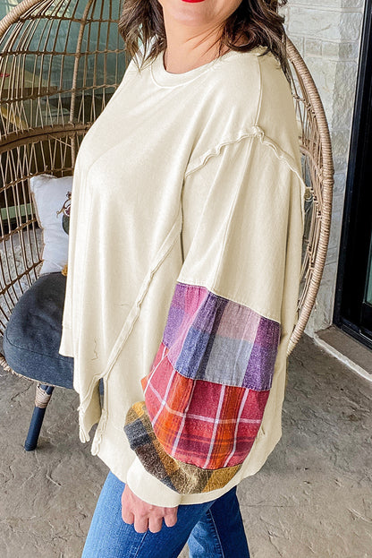 Beige Plus Size Multicolor Plaid Patchwork Sleeve Pullover Top