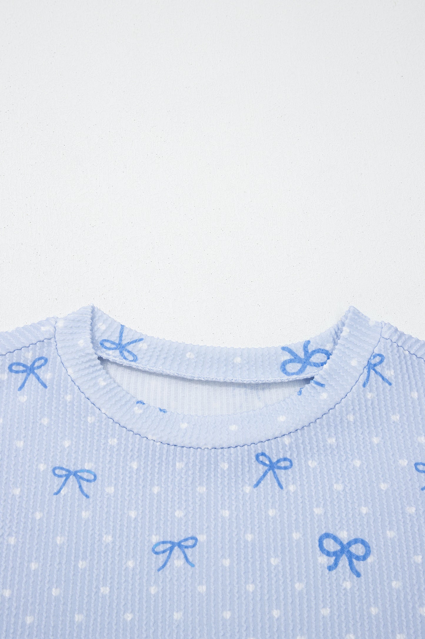 Sky Blue Valentines Bow Print Twisted Rib Loose Long Sleeve Top 2pcs Short Set