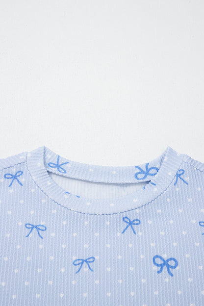 Sky Blue Valentines Bow Print Twisted Rib Loose Long Sleeve Top 2pcs Short Set