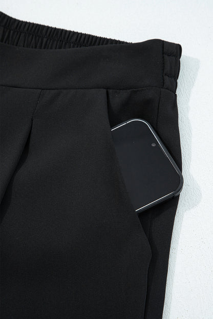 Black Pleated Detail Pull On High Elastic Waist Loose Straight Pants