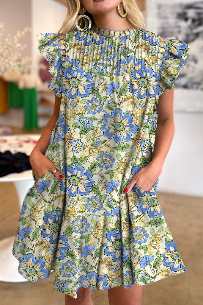 Spinach Green Botanical Floral Print Pleated Ruffle Detail Short Dress