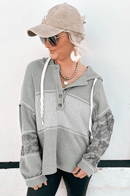 Gray Waffle Printed Patchwork Drawstring Hooded Long Sleeve Top