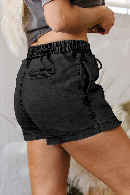 Dusk Blue Drawstring Elastic Waistband Pocketed Denim Shorts