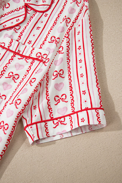 Red Cute Bow Heart Print Ribbon Decor Short 2pcs Pajama Set