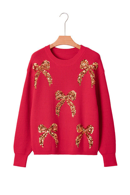 Fiery Red Sequin Bow Accent Drop Shoulder Festive Sweater