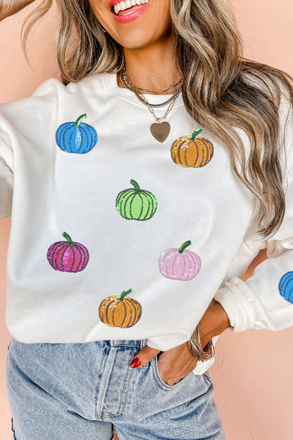 White Colorful Pumpkin Sequin Patched Drop Shoulder Sweatshirt
