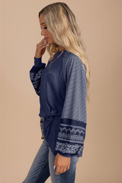 Navy Blue Contrast Print Striped Raglan Long Sleeve Loose Top