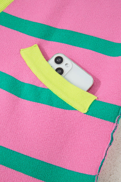 Pink Stripe Colorblock Drop Shoulder Buttoned Loose Cardigan