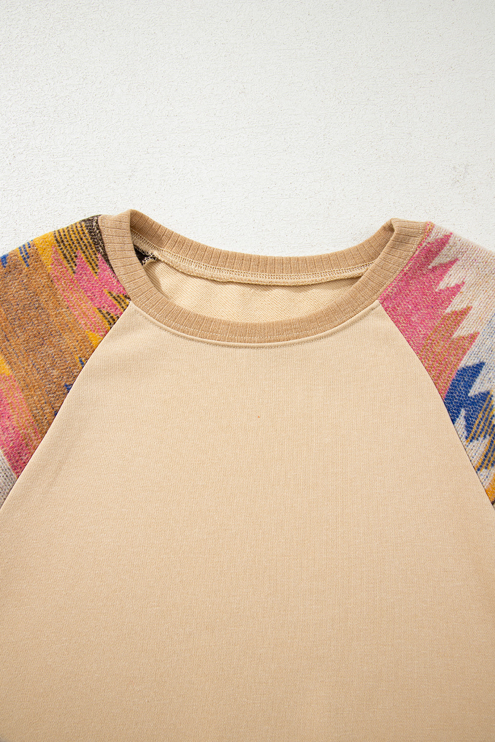 Light French Beige Aztec Patchwork Raglan Pullover Sweatshirt