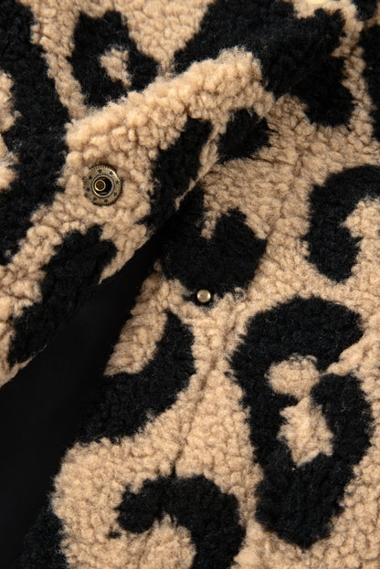 Khaki Leopard Sherpa Button Front Collared Plus Size Vest Jacket