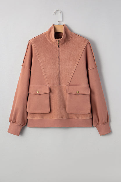Camel Exposed Seam Side Pockets Half Zipper Baggy Sweatshirt