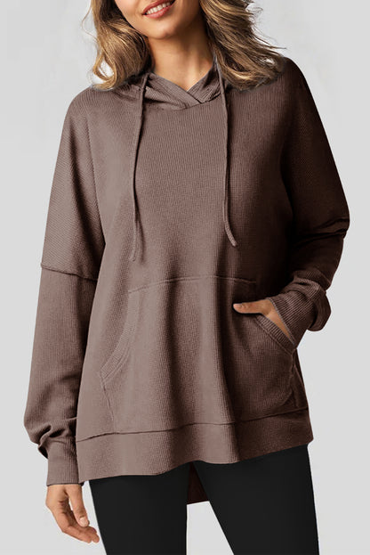 Black Waffle Knit Fleece Lined High Low Oversized Hoodie