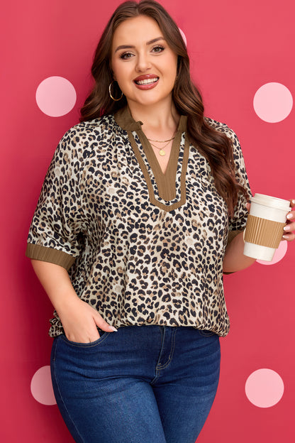 Brown Plus Size Leopard Print Crinkled Colorblock Patchwork V Neck Blouse