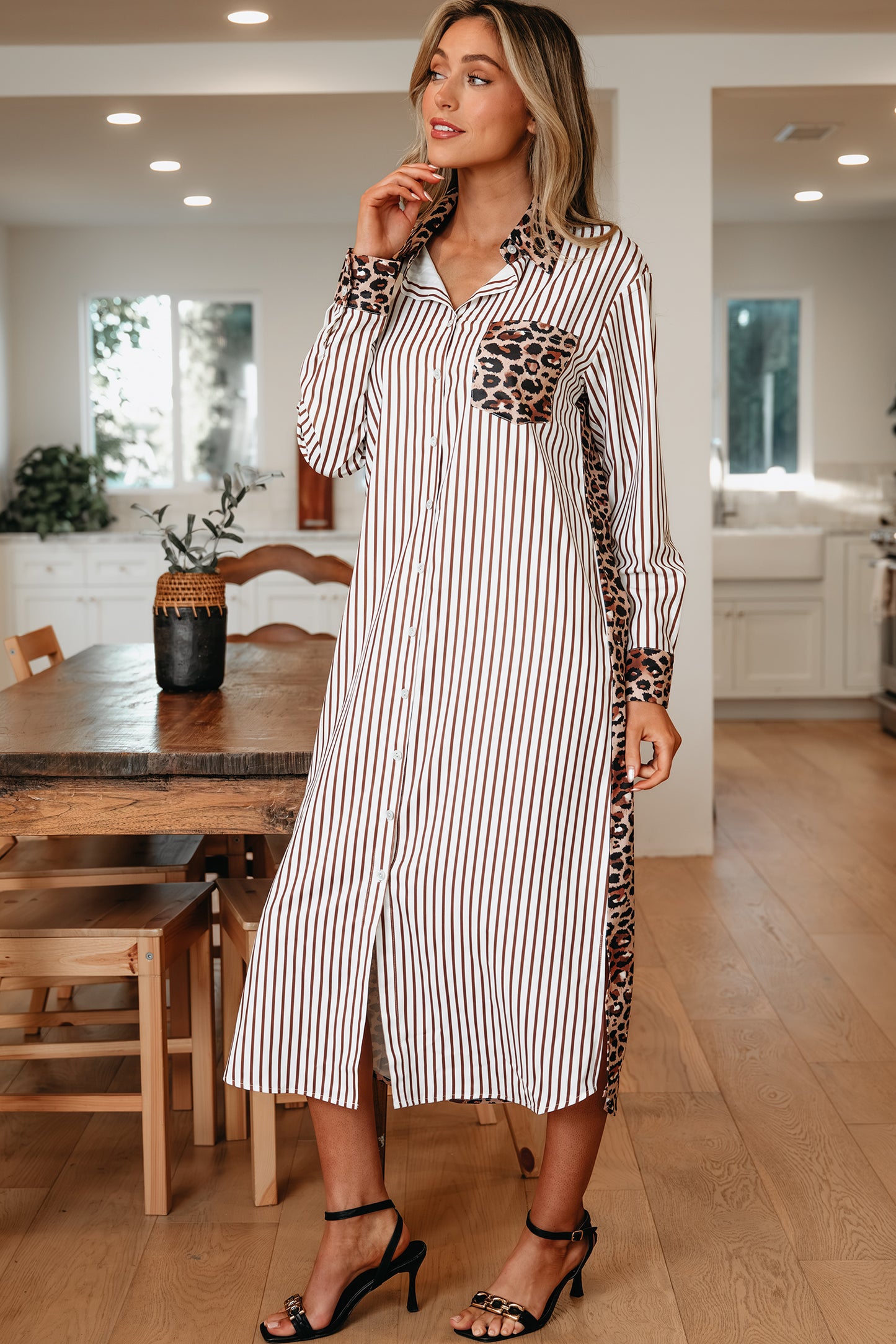 Brown Stripe Contrast Leopard Patchwork Long Shirt Dress with Slits