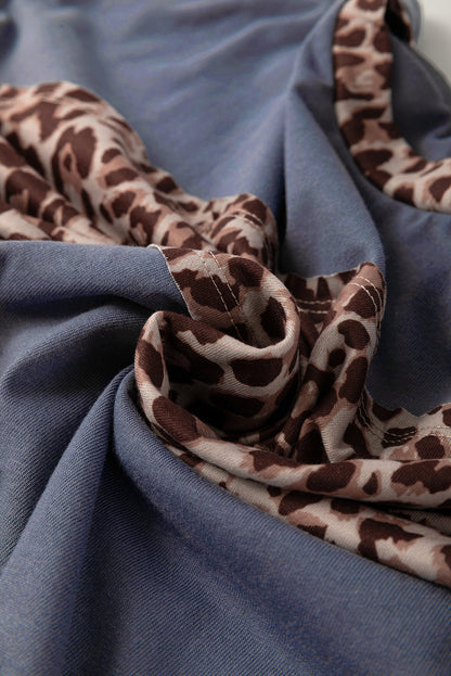 Dark Blue Leopard Colorblock Patchwork Long Sleeve Drop Shoulder Top