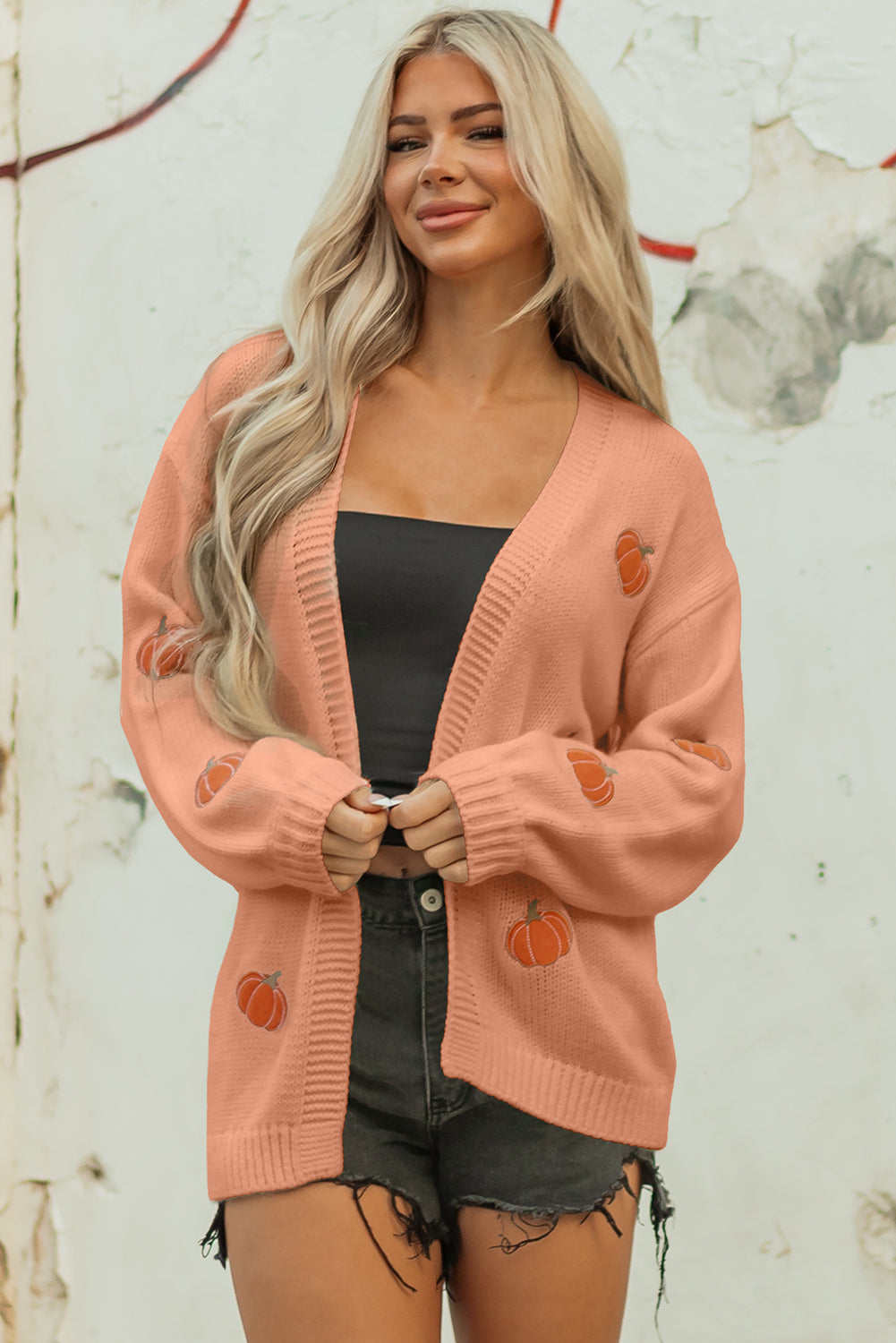 Straw Yellow Pumpkin Tree Print Open Front Drop Shoulder Midi Cardigan