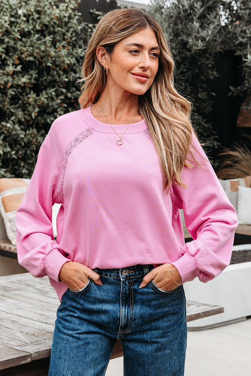 Bright Pink Lace Patched Raglan Sleeve Loose Fit Sweatshirt
