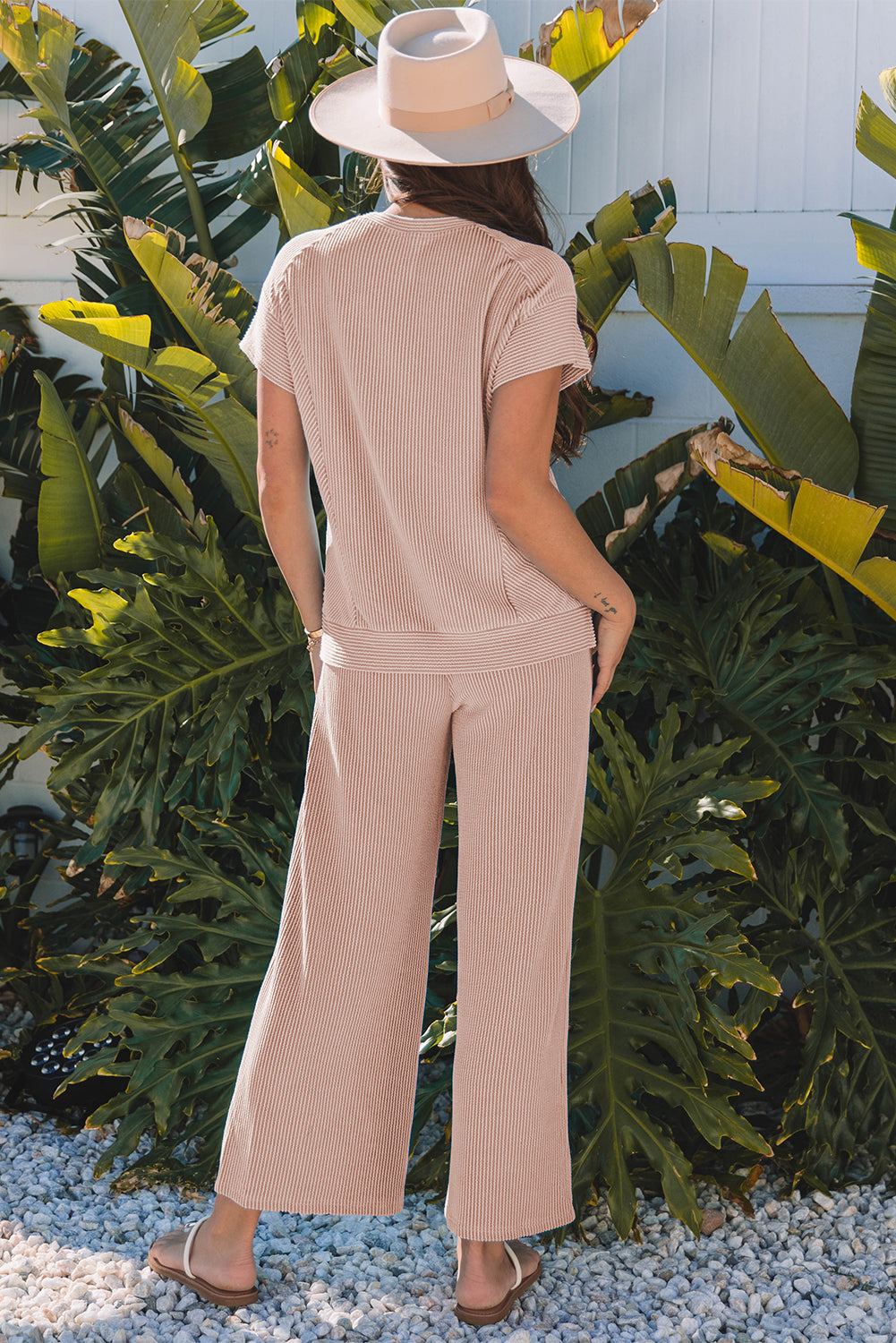 Bright Green Solid Corded Knit Short Sleeve T Shirt and Wide Leg Pants Set