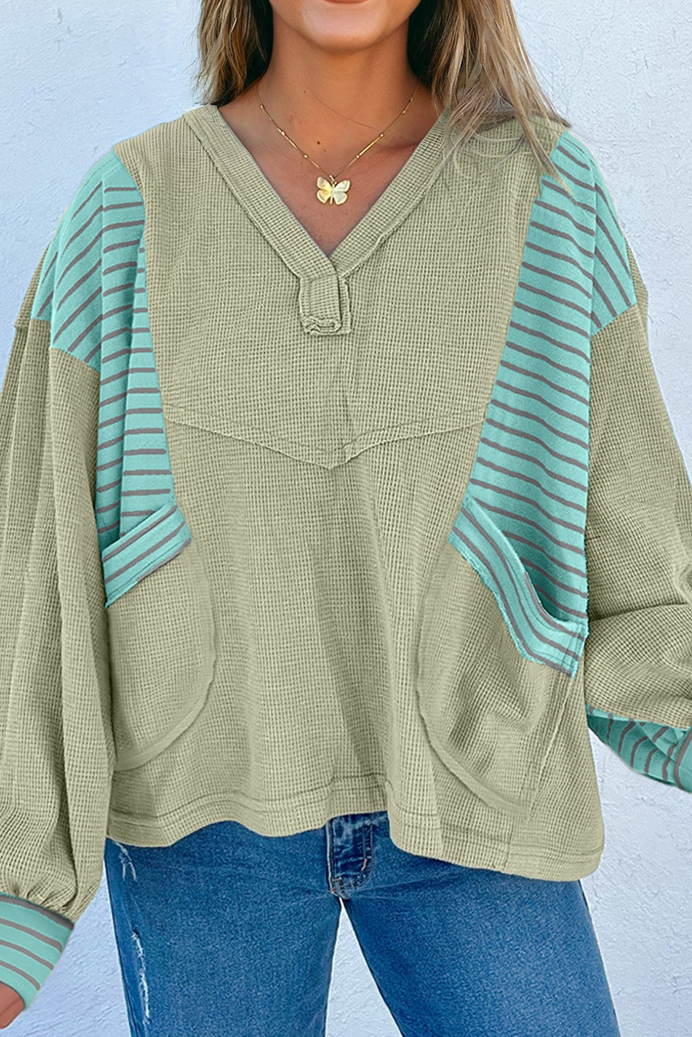 Dusk Blue Exposed Seam Waffle Striped Patchwork Baggy Pullover