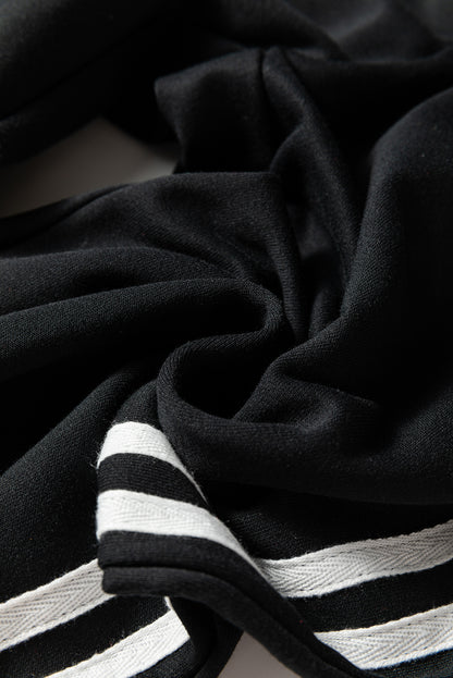 Black Varsity Striped Detail Crewneck Pullover Elastic Sweatpants 2pcs Outfit