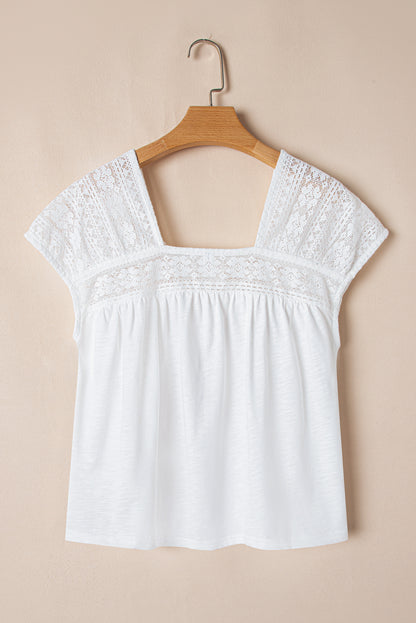 White Hollowed Lace Patchwork Square Neck Short Sleeve Blouse