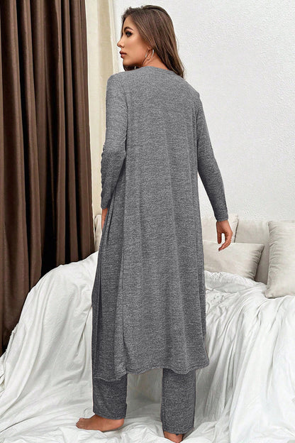 Dark Grey 3pcs V Neck T Shirt Ribbon Knot Pants Open Duster 3pcs Lounge Set