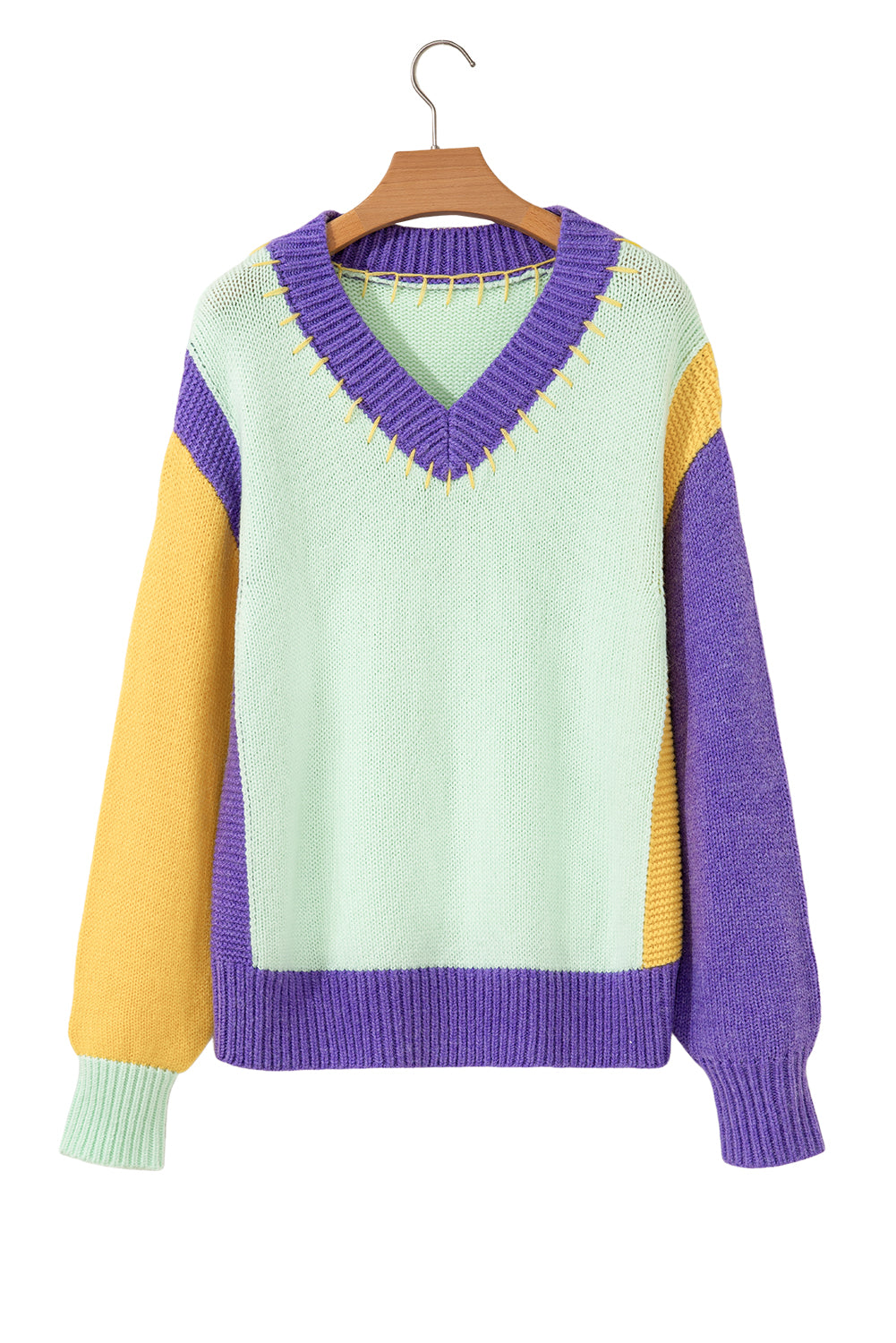 Green Stitched V Neck Color Block Knitted Drop Shoulder Sweater