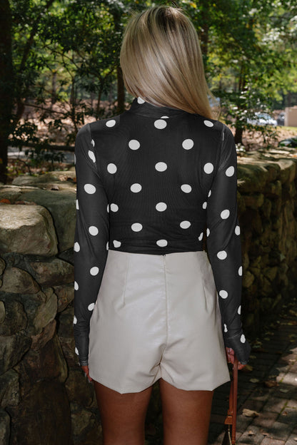 Black Vintage Polka Dot Print Mesh Long Sleeve Bodysuit