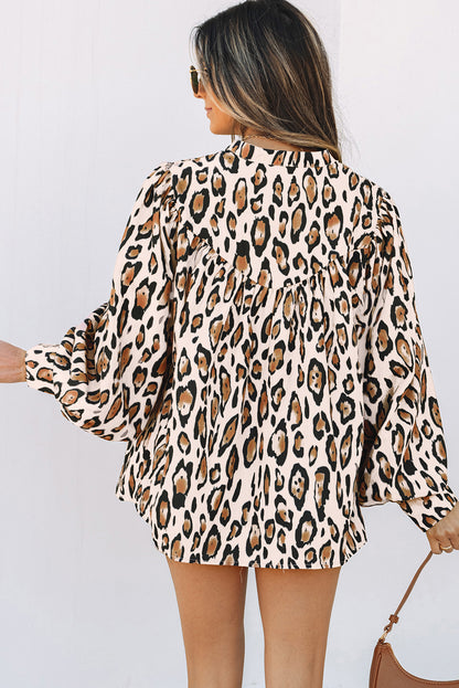 Light French Beige Oversized Leopard Print Balloon Sleeve Casual Shirt