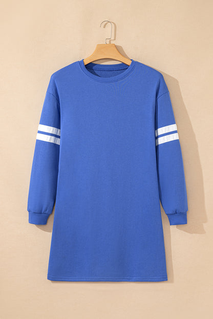 Sky Blue Varsity Contrast Banded Sleeve Shift Sweatshirt Dress