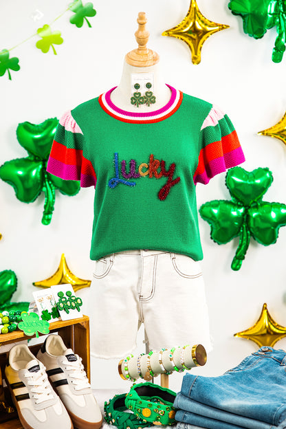 Bright Green Shiny Lucky Striped Flutter Sleeve Round Neck Sweater